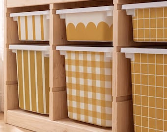 IKEA Trofast Vinyl Stickers Mustard Ocher Yellow, Gingham Stripe Grid Flower Storage Box Decal, Nursery Playroom Furniture Hack, S M L