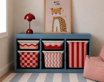 Trofast Stickers Pink and Red, Checkered Wave Stripe Drawer Vinyl, Colorful Nursery Playroom Decor, Mix Match Storage Decals, IKEA Hack