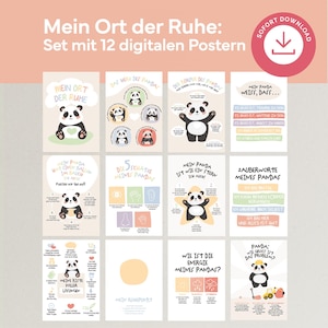 Puede incluir: Un conjunto de 12 carteles digitales con ilustraciones de pandas y texto en alemán. Los carteles incluyen frases como "Mein Ort der Ruhe" y "Mein Panda". Los diseños muestran varias poses de pandas y citas motivadoras.