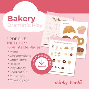 Può includere: Un set stampabile rosa e bianco per giocare al panettiere. Il set include un menu, cartelli di direzione, moduli d'ordine, una ricevuta, denaro di gioco, ritagli di cibo, involucri per tazze e una pagina da colorare. Il testo "Bakery Dramatic Play" è in cima alla pagina. Il testo "1 PDF FILE INCLUDES: 16 Printable Pages" è al centro della pagina. Il testo "INSTANT DOWNLOAD FILE" è in un cerchio rosso con una freccia di download. Il testo "sticky hack!" è in fondo alla pagina.