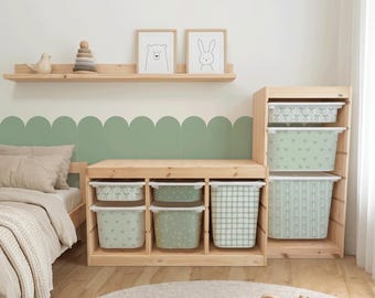 Trofast Stickers Sage Green, Gingham Bows, Flowers Playroom Decals, Mix and Match Kids Toy Organization Wraps, Ikea Hack