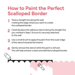 K&ouml;nnte beinhalten: Eine Schritt-f&uuml;r-Schritt-Anleitung zum Malen einer gewellten Bord&uuml;re. Das Bild zeigt eine wei&szlig;e Wand mit einer rosa gewellten Bord&uuml;re, die darauf gemalt ist. Die Schritte sind von 1 bis 4 nummeriert und beinhalten Anweisungen zur Verwendung einer Schablone und eines Pinsels, um die Bord&uuml;re zu erstellen.