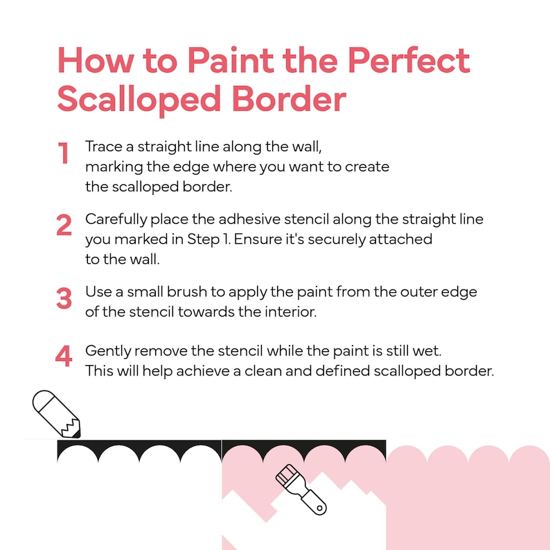 K&ouml;nnte beinhalten: Eine Schritt-f&uuml;r-Schritt-Anleitung zum Malen einer gewellten Bord&uuml;re. Das Bild zeigt eine wei&szlig;e Wand mit einer rosa gewellten Bord&uuml;re, die darauf gemalt ist. Die Schritte sind von 1 bis 4 nummeriert und beinhalten Anweisungen zur Verwendung einer Schablone und eines Pinsels, um die Bord&uuml;re zu erstellen.
