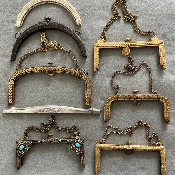 Vintage 8 handbag/purse frames, goldtone metal frames with handles, pearls, sterling silver and non precious stones