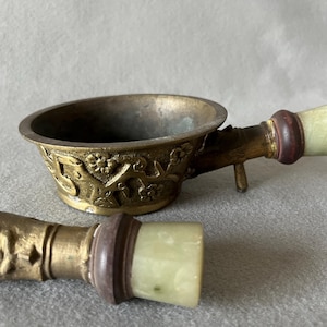 Antique brass floral silk iron with matching scoop and jade like stones on handles