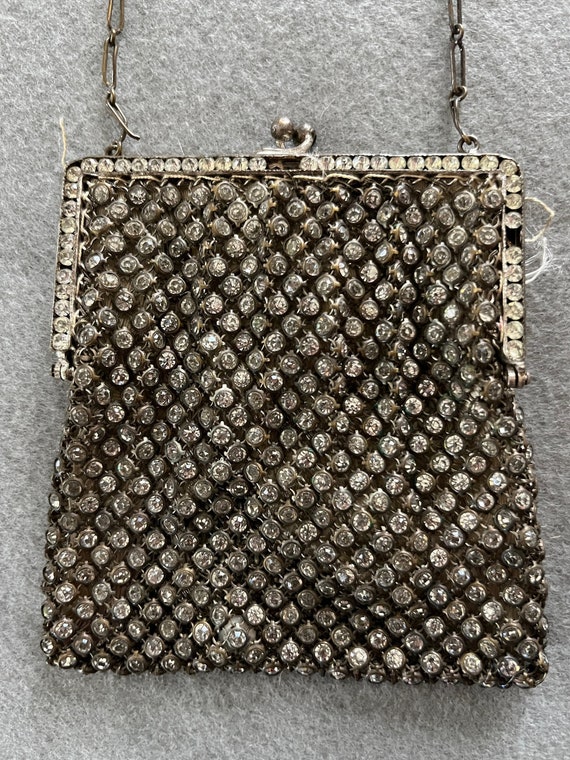 Antique 1920s rhinestone mesh small purse with sil
