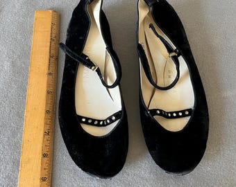 Vintage Girl's Black Velvet with Rhinestone Mary Janes Shoes Ballet Flats