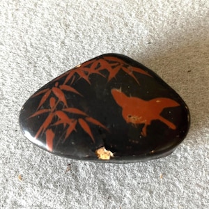 Vintage small triangle black lacquerware trinket box with bamboo leaves and bird in flight