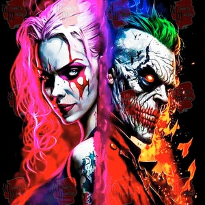 May include: A digital illustration of Harley Quinn and the Joker. Harley Quinn is on the left side of the image and has pink hair and red and white makeup. The Joker is on the right side of the image and has green hair and a white and red smile. Both characters are in a fiery background.