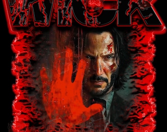 May include: A black and red graphic with the word "WICK" in large, bold letters. The image features a man with a bloody face and hand, looking intense.