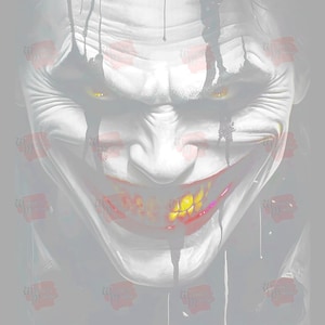 May include: A close-up of a Joker character with a wide, toothy grin. The character's face is white with black streaks of paint running down the sides. The character's eyes are yellow and the mouth is red with yellow teeth.