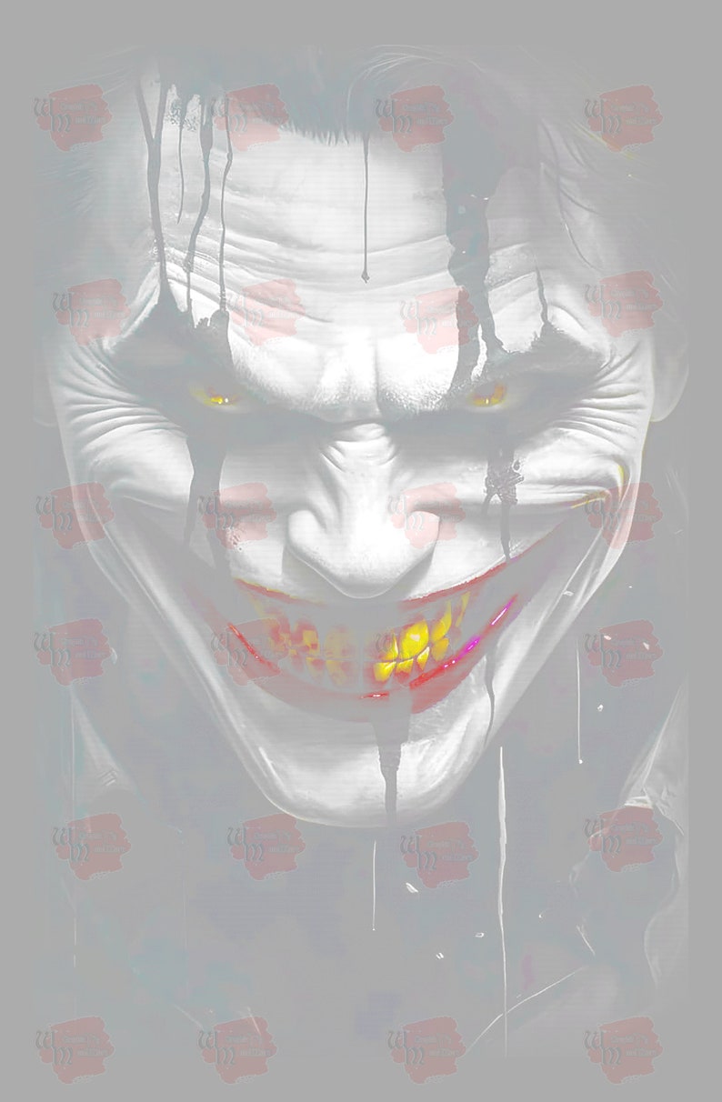 May include: A close-up of a Joker character with a wide, toothy grin. The character's face is white with black streaks of paint running down the sides. The character's eyes are yellow and the mouth is red with yellow teeth.
