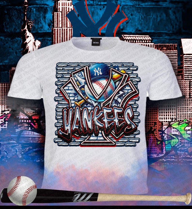May include: White t-shirt featuring a graphic design of the New York Yankees logo, baseball, and bat. The design incorporates the word "Yankees" in a graffiti-style font, set against a brick wall background. The shirt has a crew neck.