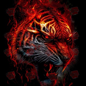 Halftone Flaming tiger head Png for Black T-shirt, Fire Tiger Halftone Digital File, Tiger Design, dtf design et Png design