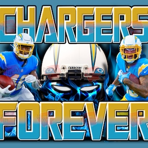 Puede incluir: Un gráfico azul y amarillo con las palabras "Chargers Forever" y dos jugadores de fútbol americano vistiendo uniformes azules y amarillos. Los jugadores sostienen balones de fútbol y están en una pose dinámica. El gráfico también presenta un casco de fútbol americano azul y amarillo.