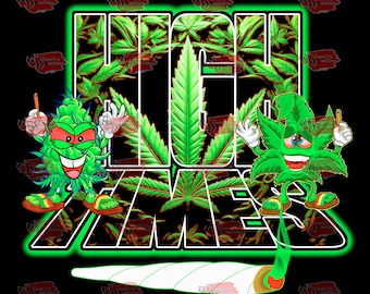 Może przedstawiać: Zielone postacie z kreskówek z motywami liści marihuany palące jointa. Tekst "HIGH TIMES" znajduje się w tle.
