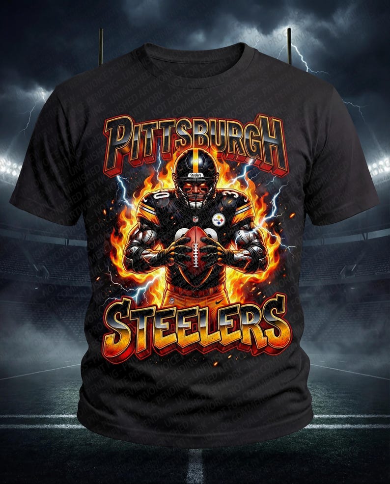 May include: Black t-shirt with a graphic of a Pittsburgh Steelers player engulfed in flames, holding a football. The team's name, 'Steelers', is written in fiery letters above and below the player.