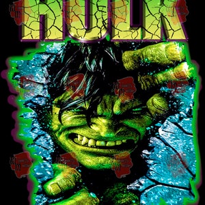 Może przedstawiać: Zielona i czarna grafika Hulka, fikcyjnego superbohatera, ze słowem "HULK" na pękniętym, żółtym i zielonym tle.