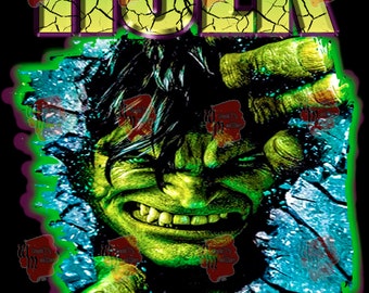 May include: A green and black graphic of the Hulk, a fictional superhero, with the word "HULK" in a cracked, yellow and green background.