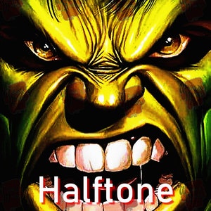 Puede incluir: Primer plano de una cara de Hulk verde y amarilla con la boca abierta y dientes afilados. El texto "Halftone PNG FILE" est&aacute; escrito en letras rojas en la parte inferior de la imagen.