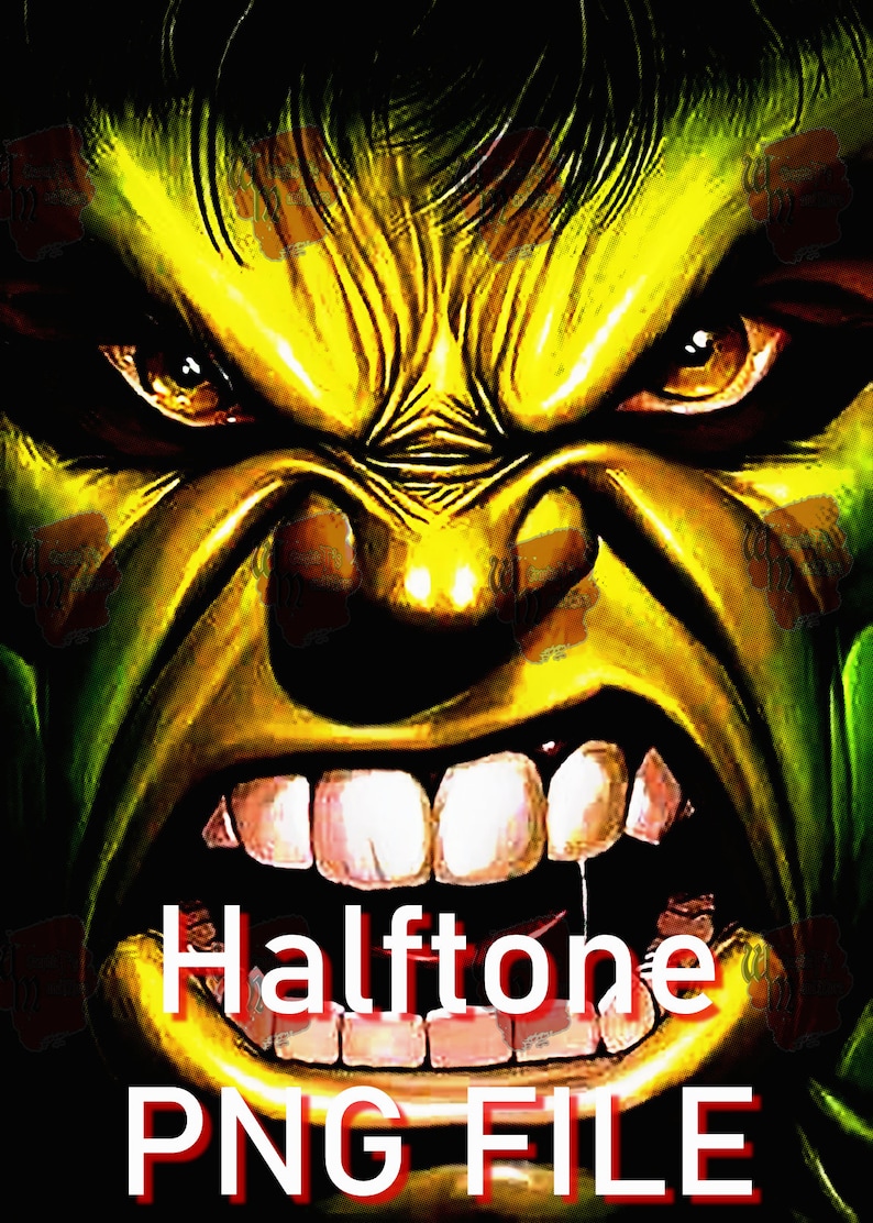 Puede incluir: Primer plano de una cara de Hulk verde y amarilla con la boca abierta y dientes afilados. El texto "Halftone PNG FILE" est&aacute; escrito en letras rojas en la parte inferior de la imagen.