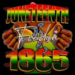 Może przedstawiać: Projekt graficzny z napisem "Juneteenth Freedom 1865" w kolorze czerwonym, żółtym i zielonym. Projekt przedstawia uniesioną pięść z łańcuchami wokół nadgarstka.