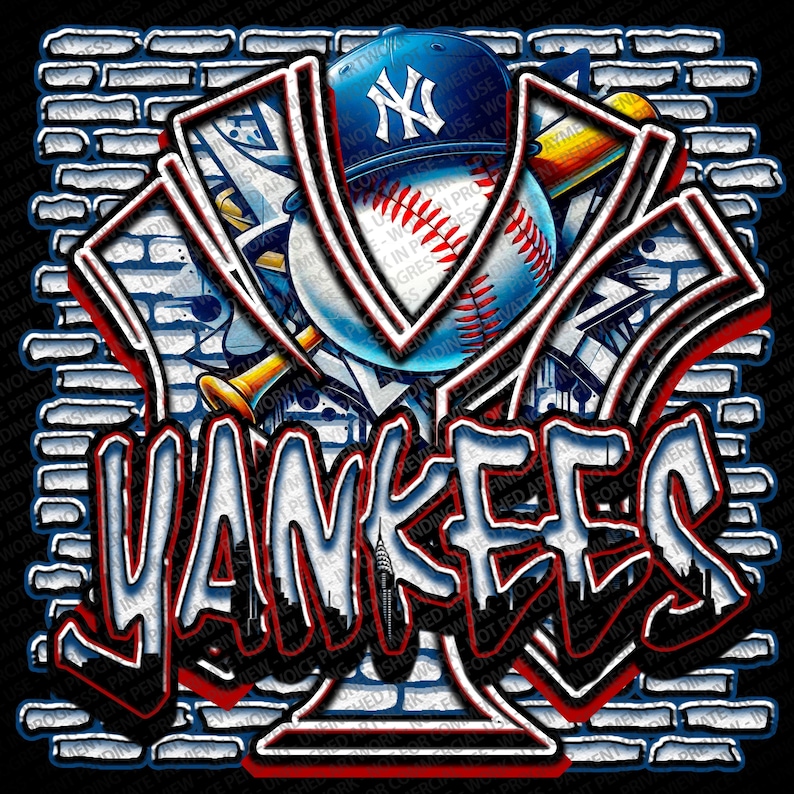 May include: A graphic design featuring the word "Yankees" in a graffiti style, with a baseball, a baseball cap, and a brick wall background. The design incorporates the team's logo and colors, with a cityscape silhouette.