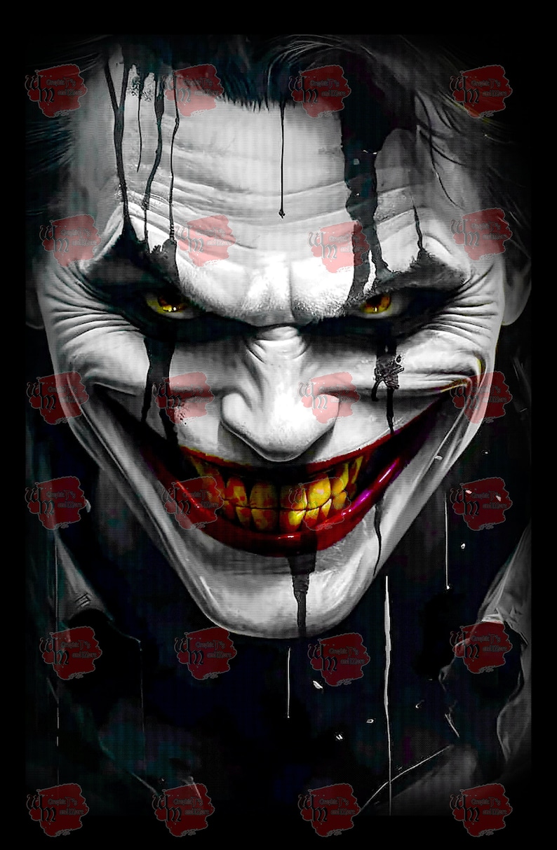 May include: A close-up of a Joker character with a wide, toothy grin. The character's face is painted white with black streaks of paint running down the face. The character has yellow eyes and a red mouth.