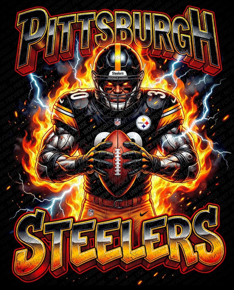May include: Digital artwork featuring a football player in black and gold, holding a ball. The words "Pittsburgh Steelers" are in a fiery font, with lightning and flames. The image has a dynamic, energetic feel.