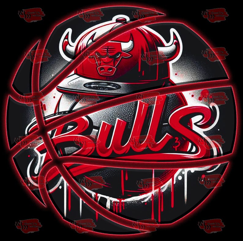 May include: A red and black basketball with the word "BULLS" in red lettering. A red baseball cap with a black bull logo is on top of the basketball.