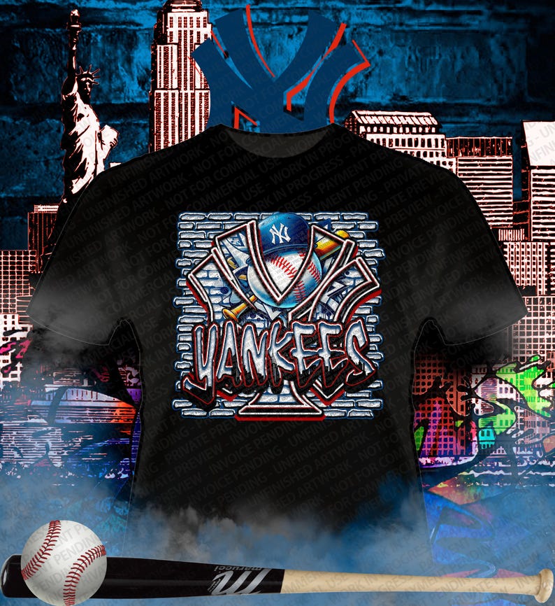 May include: Black t-shirt featuring a graffiti-style design with the word "Yankees" in red and white, along with a baseball and a baseball bat. The background includes a cityscape and the Yankees logo.