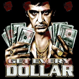 Ottieni ogni dollaro, mezzitoni per camicia nera, Scarface, Scarface, Mob, trasferimenti di film, tony montana, trasparente