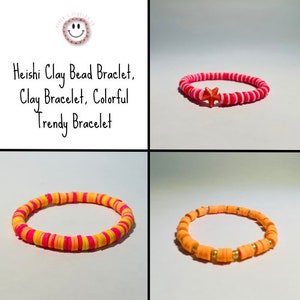May include: Three colorful clay bead bracelets. One bracelet is pink and white with a star charm. One bracelet is pink and yellow. One bracelet is orange with gold accents.