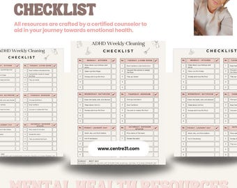 May include: A printed ADHD cleaning checklist with a pink and white design. The checklist includes sections for weekly cleaning tasks, with text that reads "ADHD Cleaning Checklist" and "Mental Health Resources". The website www.centre31.com is also visible.