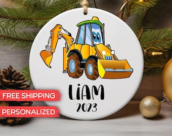 Ornamento de escavadeira personalizado, presente de Natal para neto, decoração, ornamentos infantis personalizados, construção de retroescavadeira, escavadeira infantil, presente de Natal