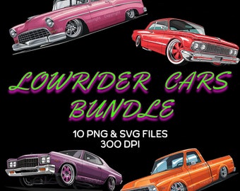 May include: A digital illustration bundle of 10 lowrider cars in various colors, including pink, red, purple, and orange. The cars are all customized with lowered suspensions and chrome accents. The text "LOWRIDER CARS BUNDLE" and "10 PNG & SVG FILES 300 DPI" is displayed on a black background.