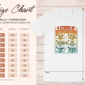 White t-shirt with "6 Stages of Debugging" graphic and a size chart.