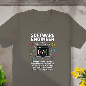 Software Engineer definition with code symbols and humorous description.