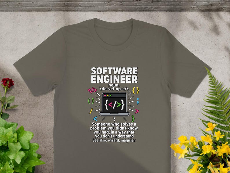 Software Engineer definition with code symbols and humorous description.