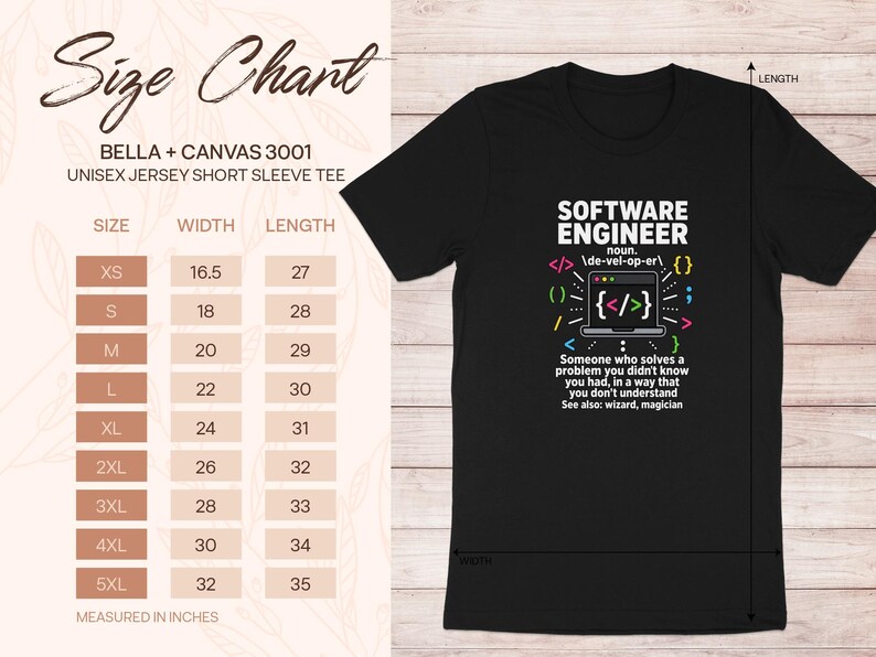 Black t-shirt with "Software Engineer" definition and size chart for Bella + Canvas 3001.