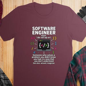 Maroon t-shirt with "Software Engineer" text and coding graphics.