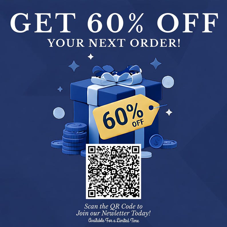 Gift box with 60% off tag and QR code for newsletter.