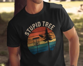 Camiseta de disc golf Stupid Tree, camiseta engraçada Frolf, presente retrô para golfista ao pôr do sol, camiseta com cesta de disc golf, camiseta para esportes ao ar livre