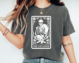 Camiseta de Tarot para amantes de los gatos, divertida camiseta de esqueleto, camiseta de ocultismo, camiseta de gato adorable, camiseta de tarot de gato, camiseta con gráfico único, idea de regalo