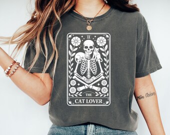 Camiseta para amantes de los gatos, camiseta de tarot, calavera, gatos, felino, camiseta de gato, amante de las mascotas, camiseta de esqueleto, camiseta floral, regalo para mascotas