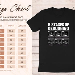 Black Bella + Canvas 3001 tee with "6 Stages of Debugging" graphic and size chart.