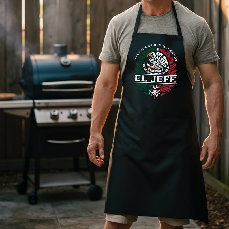 May include: Black apron featuring a Mexican flag design with the text "Estados Unidos Mexicanos El Jefe" printed on it.