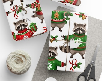 Waschbär Weihnachten Pullover Geschenkpapier, Urlaub Geschenkpapier, Waschbär Design, Festliche Geschenkpapier, Saisonales Geschenkpapier