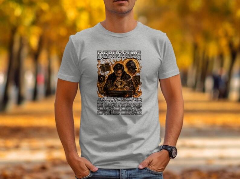 Grey t-shirt with "DEBUGGING" and text about a classic mystery game.