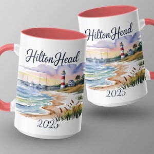 Tazza Hilton Head, tazza da spiaggia con acquerello, tazza da faro, tazza da vacanza, tazze personalizzabili, regalo di nozze, tazza per luna di miele, tazza per viaggio in famiglia